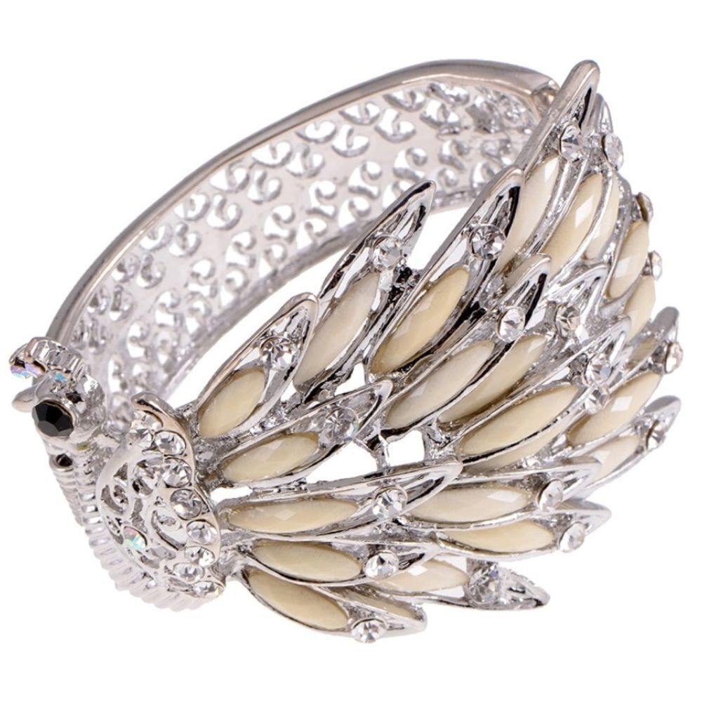 Silver with Cream and White Diamond Crystal Peacock Hinged Cuff Bracelet Bangle